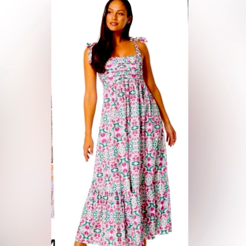 🆕 MISA Serafina Pink Green Floral Maxi Dress Open Back Cotton Sundress M NWT